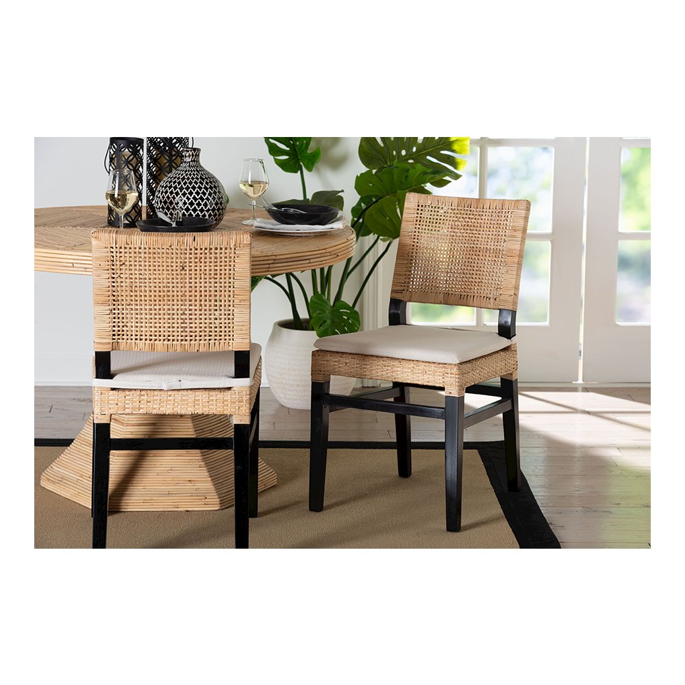 Lesia Rattan Dining Chair with Mahogany Frame and Cushion, Espresso