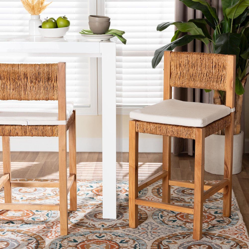 Pava Woven Seagrass Counter Stool - Solid Mahogany Wood Stool, Counter Height