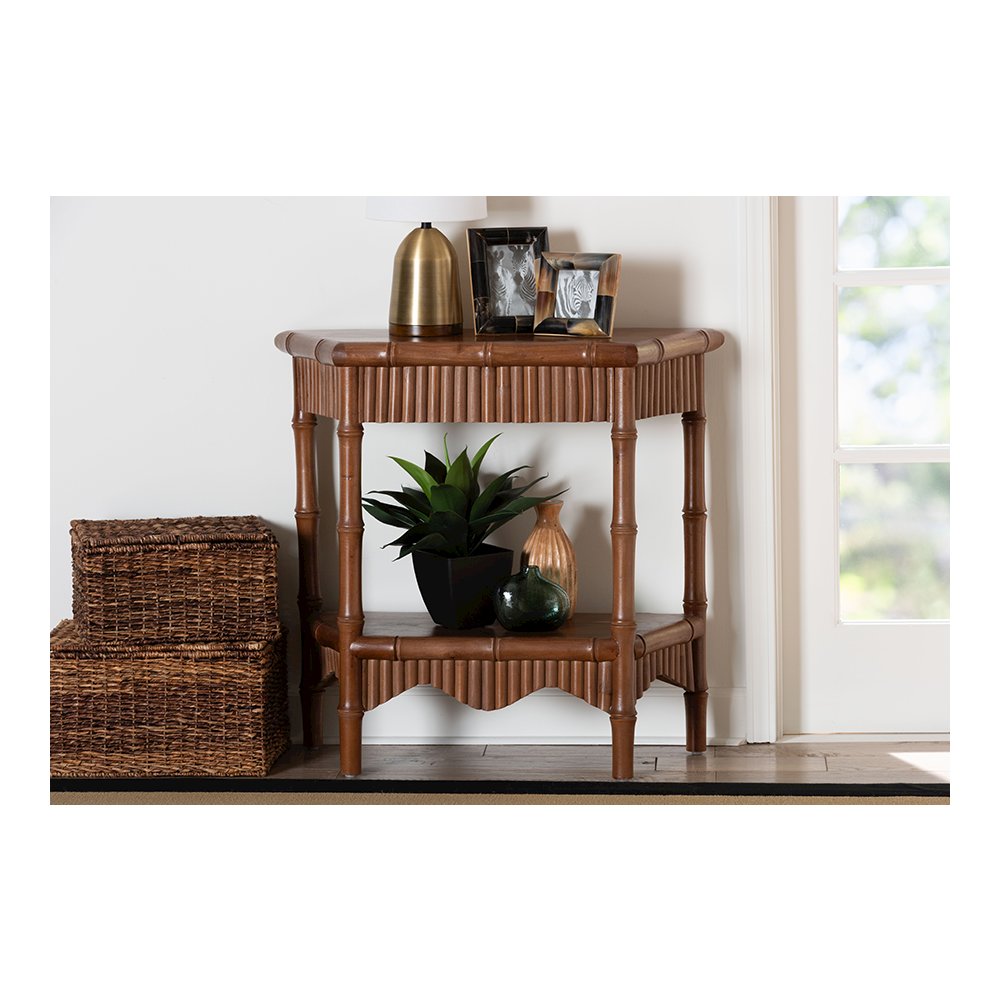 Alessa Mahogany Wood Console Table with Bamboo Motif, 2-Tier, 32 in.