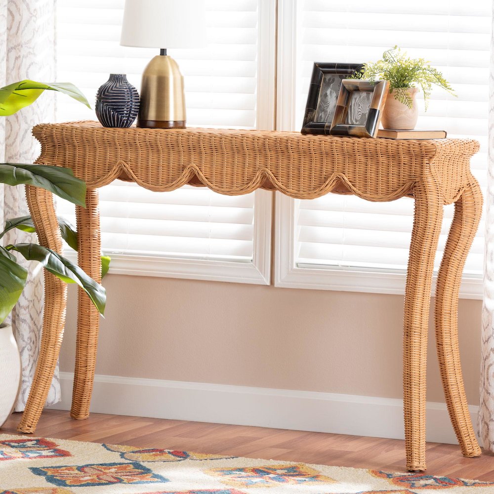 Deborah Natural Rattan Console Table Wicker Accent Table with Cabriole Legs