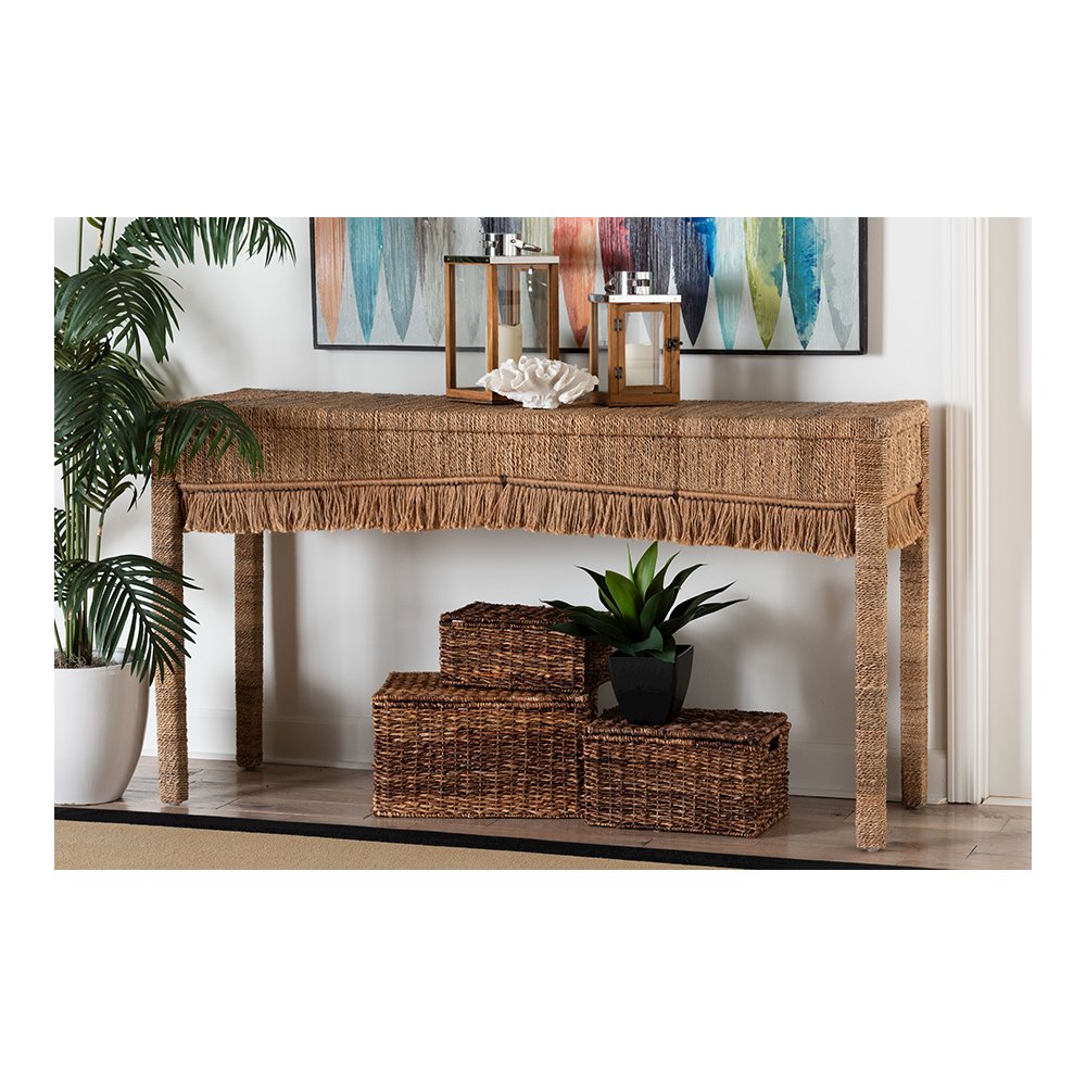 Fiona Handwoven Seagrass Console Table with Boho Fringe Detailing