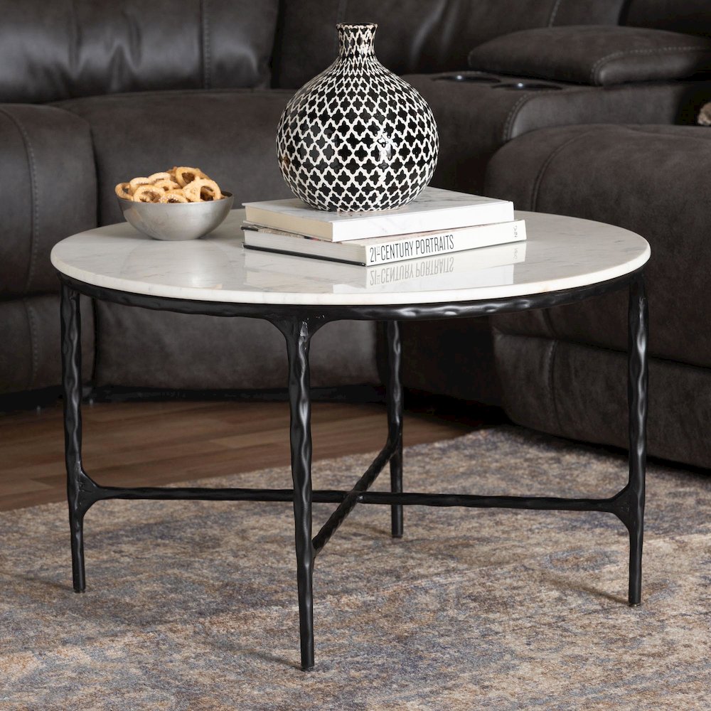 Marble Coffee Table - Rustic Accent Table with Hand-Forged Metal Frame, Round