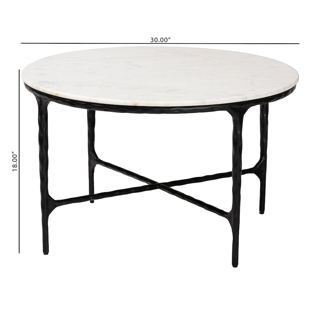 Marble Coffee Table - Rustic Accent Table with Hand-Forged Metal Frame, Round