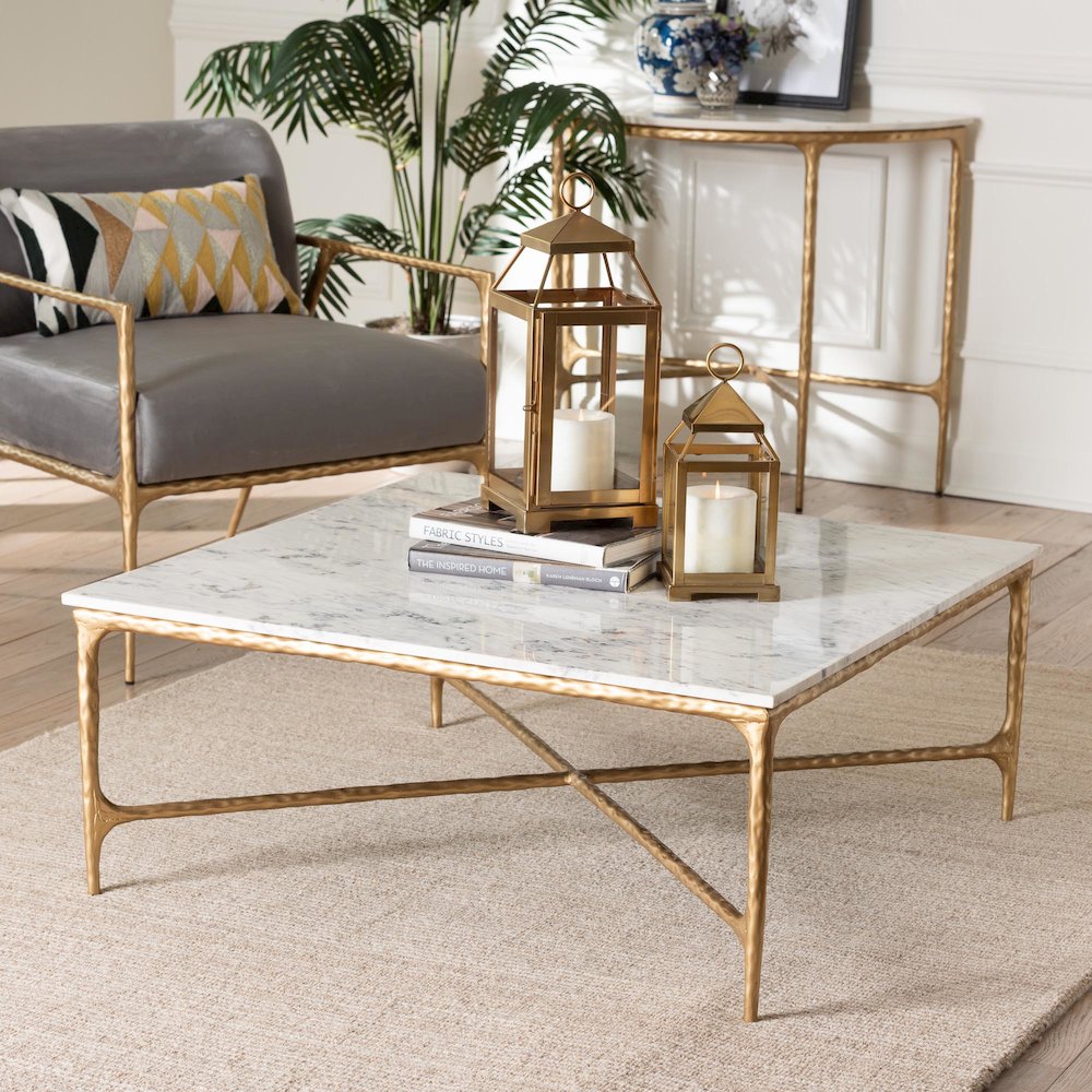 Marble Coffee Table - Rustic Accent Table with Hand-Forged Metal Frame, Square