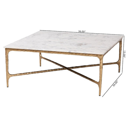 Marble Coffee Table - Rustic Accent Table with Hand-Forged Metal Frame, Square