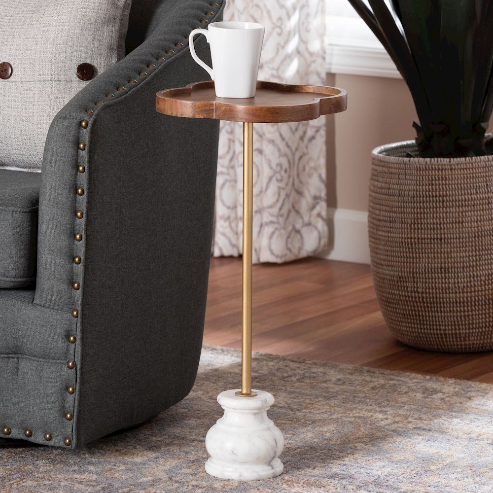 Gezana Drink Table with Marble Base - Pedestal Accent Table with Clover Tray Top