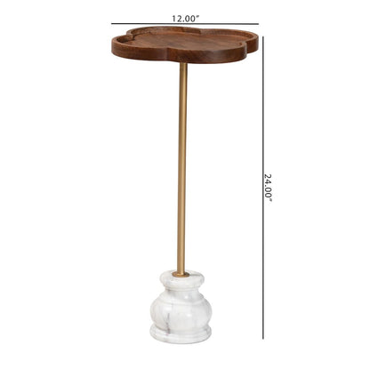 Gezana Drink Table with Marble Base - Pedestal Accent Table with Clover Tray Top