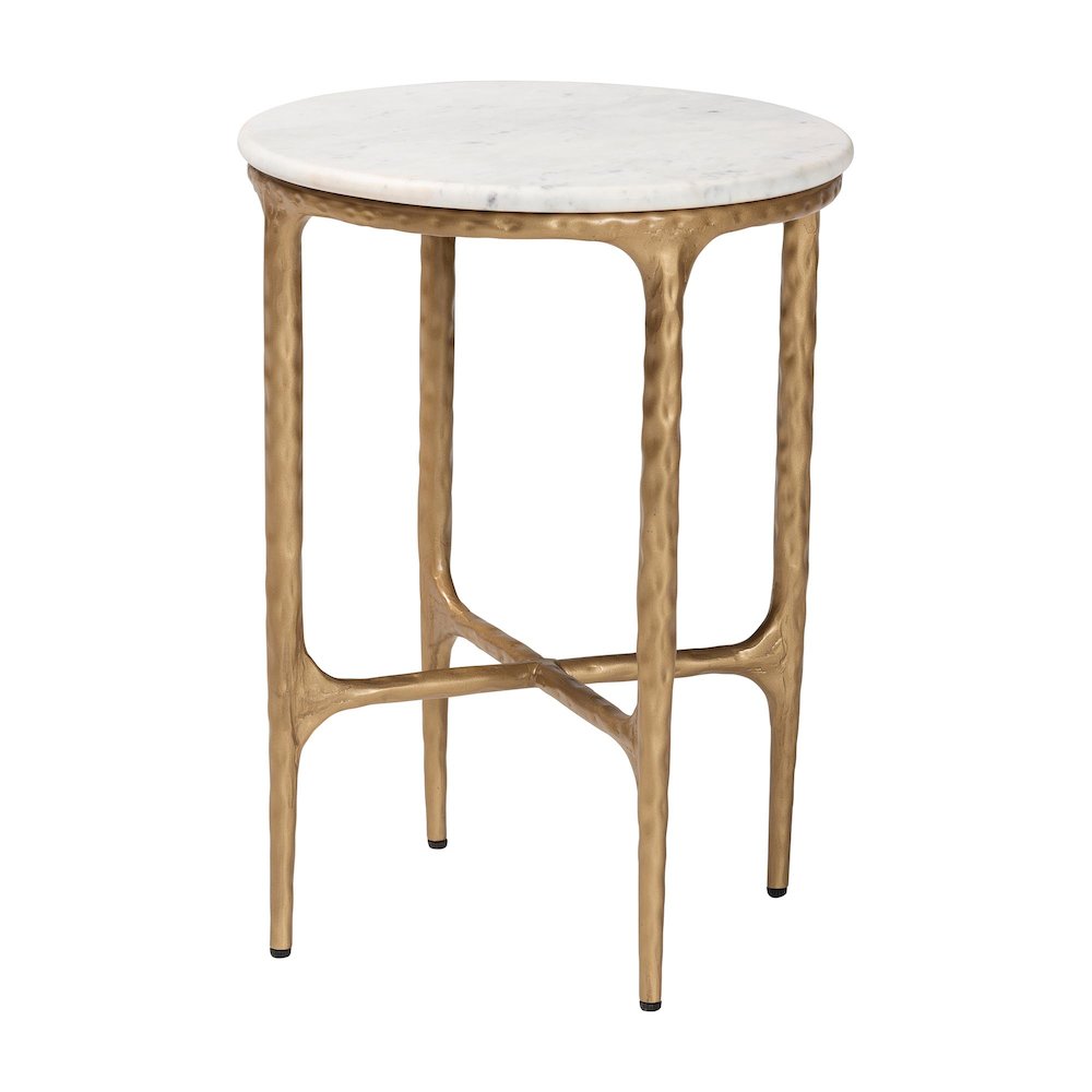 Marble End Table - Rustic Accent Table with Hand-Forged Metal Frame, Round