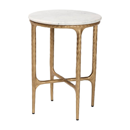 Marble End Table - Rustic Accent Table with Hand-Forged Metal Frame, Round
