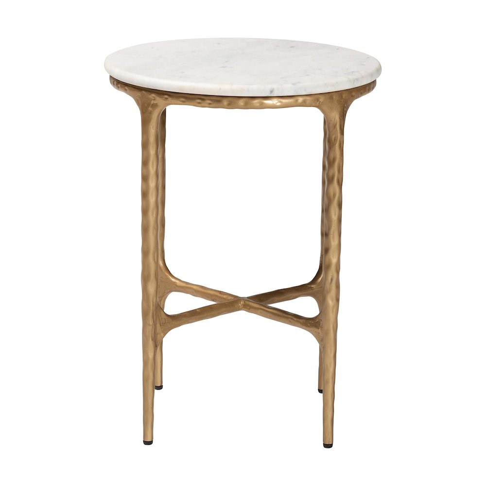 Marble End Table - Rustic Accent Table with Hand-Forged Metal Frame, Round