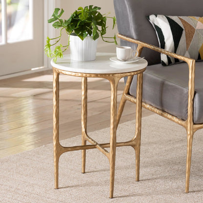 Marble End Table - Rustic Accent Table with Hand-Forged Metal Frame, Round