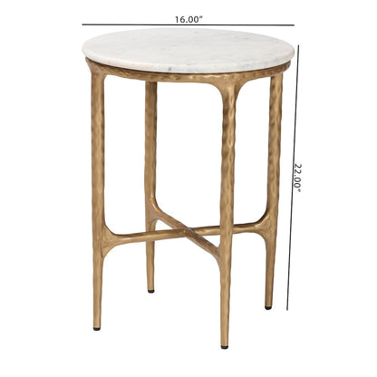 Marble End Table - Rustic Accent Table with Hand-Forged Metal Frame, Round