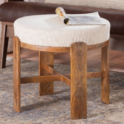 Modern Accent Ottoman Stool with Upholstered Cushion and Mango Wood Frame