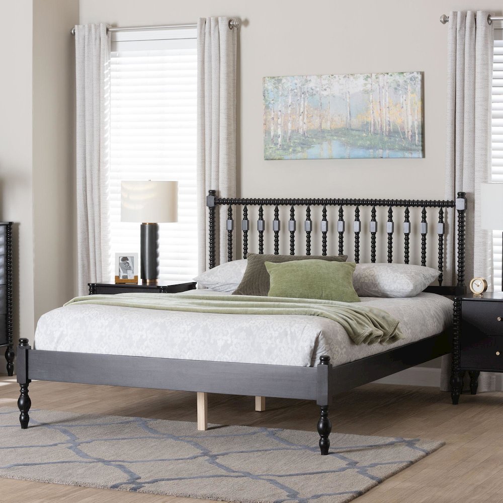 Platform Bed - Turned Bed Frame with Headboard and Sculpted Legs, Black, Full