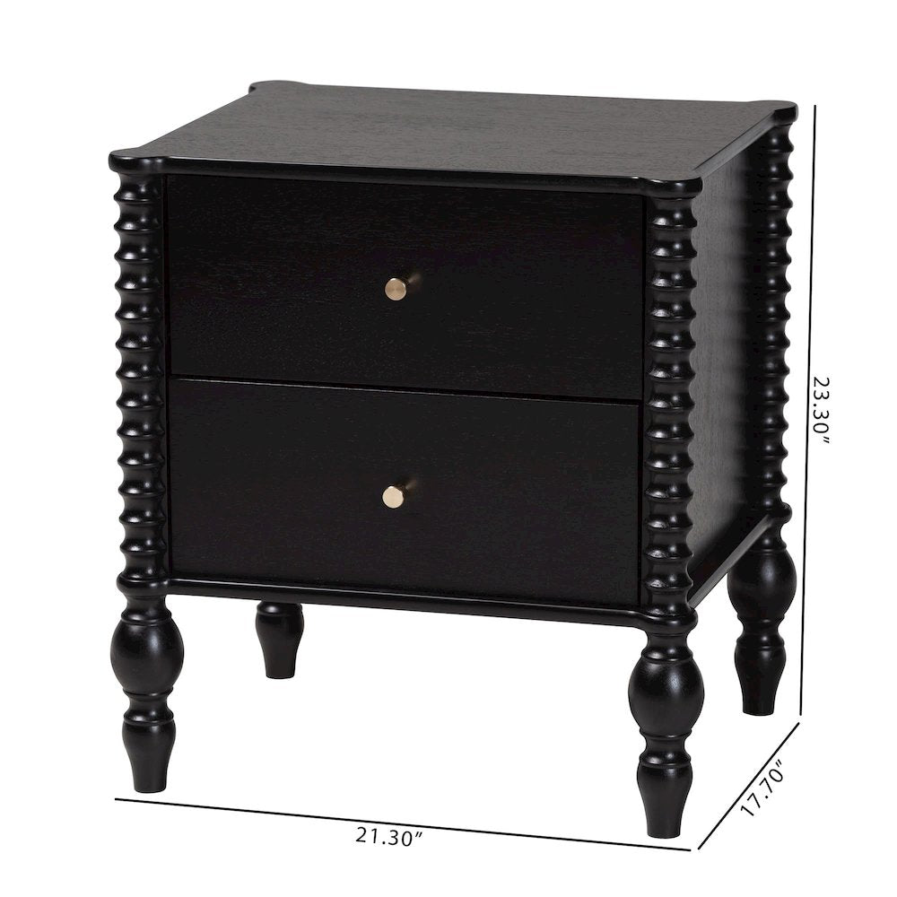 Nightstand - 2-Drawer Bedside Table with Turned Accents for Bedroom, Black