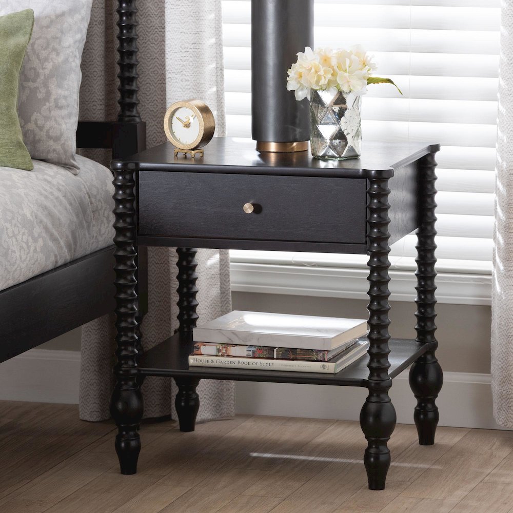 Nightstand - 1-Drawer Bedside Table with Open Shelf Storage, Black