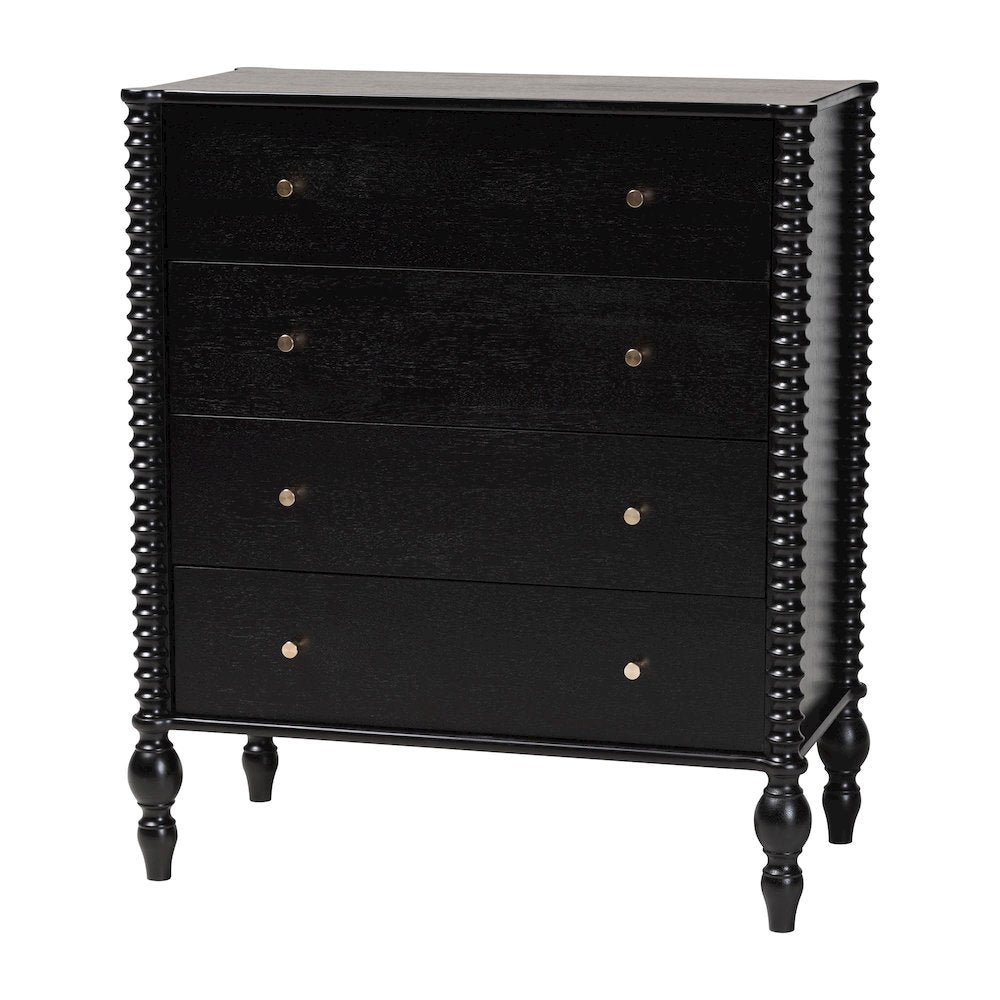 Chest - 4-Drawer Vertical Cabinet with Turned Accents for Bedroom, Black