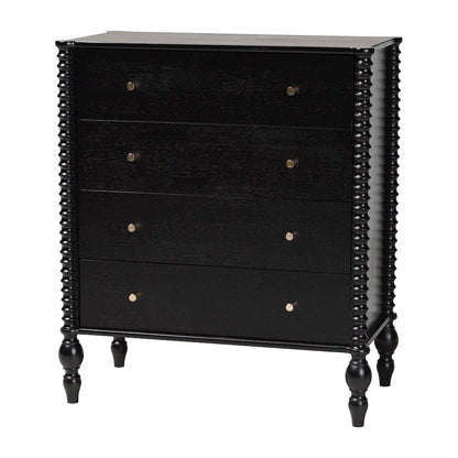 Chest - 4-Drawer Vertical Cabinet with Turned Accents for Bedroom, Black