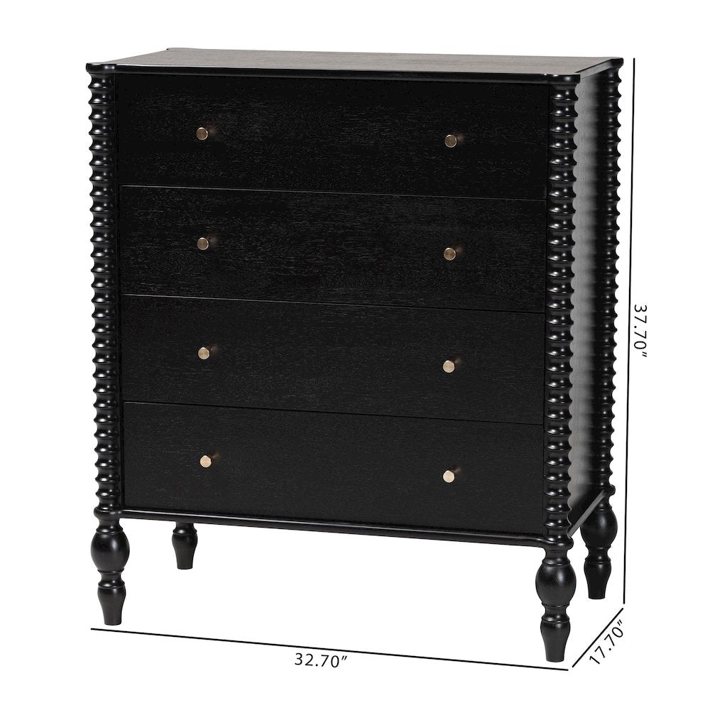 Chest - 4-Drawer Vertical Cabinet with Turned Accents for Bedroom, Black