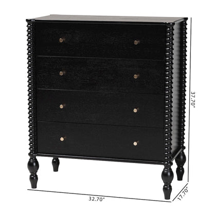 Chest - 4-Drawer Vertical Cabinet with Turned Accents for Bedroom, Black