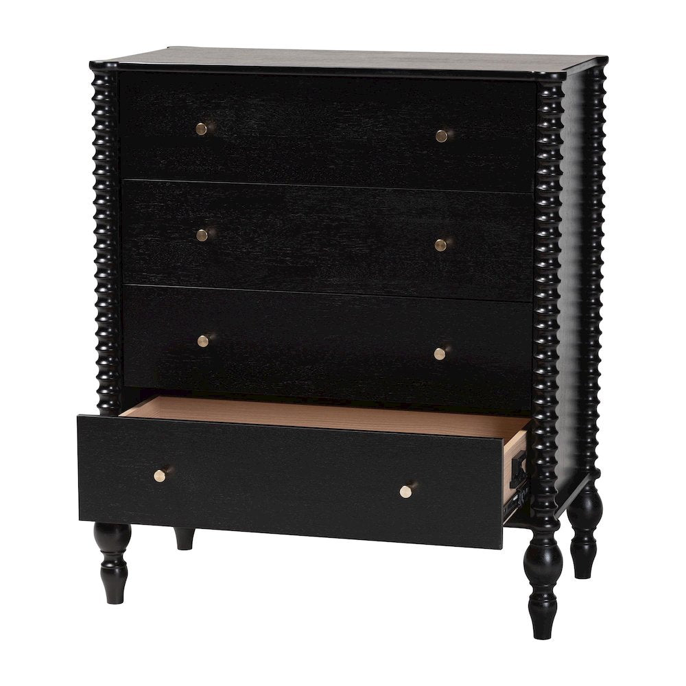 Chest - 4-Drawer Vertical Cabinet with Turned Accents for Bedroom, Black