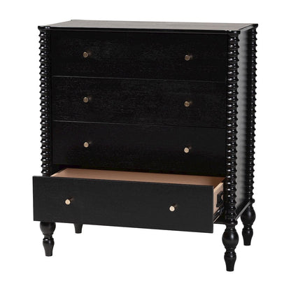 Chest - 4-Drawer Vertical Cabinet with Turned Accents for Bedroom, Black