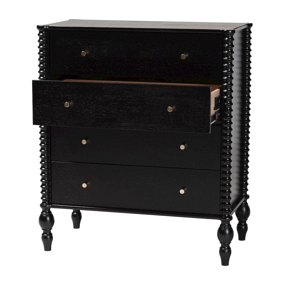 Chest - 4-Drawer Vertical Cabinet with Turned Accents for Bedroom, Black
