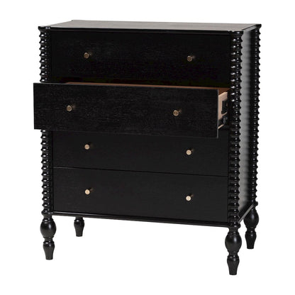 Chest - 4-Drawer Vertical Cabinet with Turned Accents for Bedroom, Black