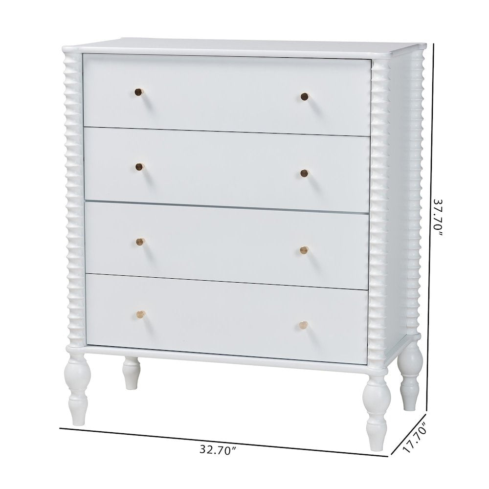 Chest - 4-Drawer Vertical Cabinet with Turned Accents for Bedroom, White