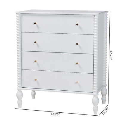 Chest - 4-Drawer Vertical Cabinet with Turned Accents for Bedroom, White