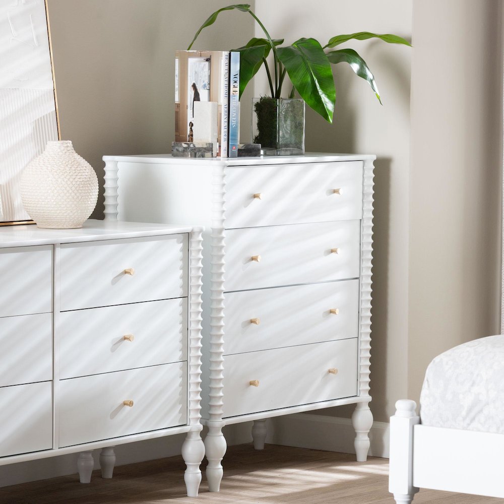 Chest - 4-Drawer Vertical Cabinet with Turned Accents for Bedroom, White