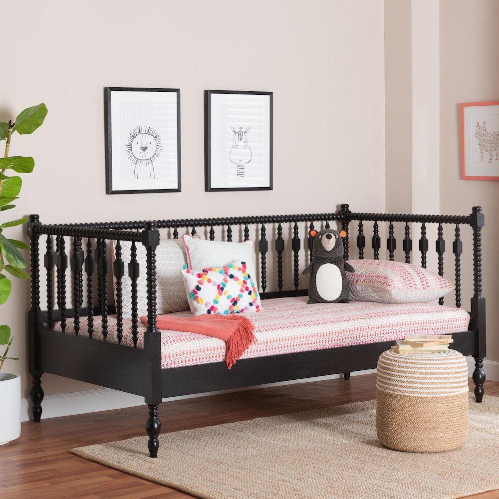 Daybed - Turned Sofa Bed with Spoked Frame Border, Black, Twin