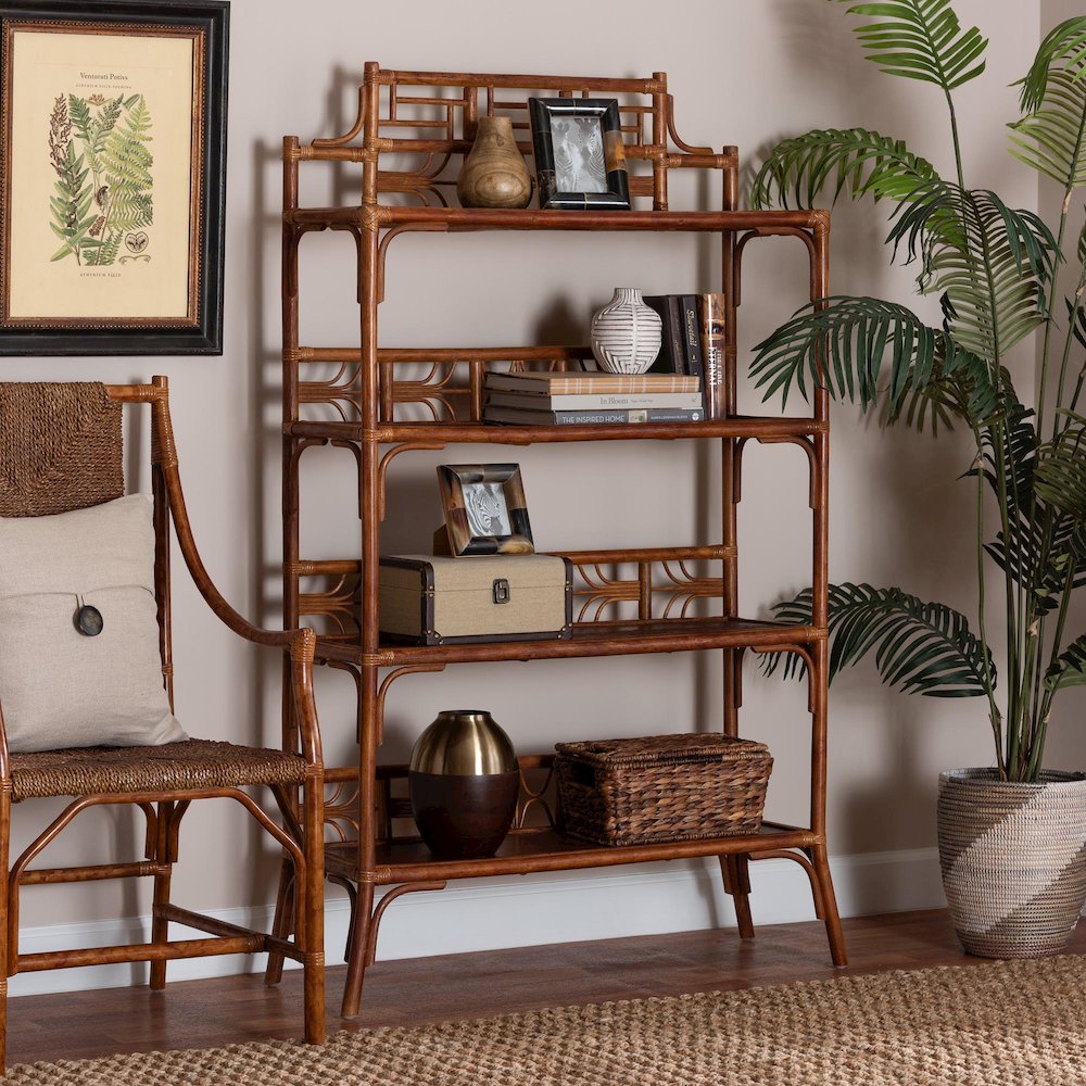 Aleya Marbled Tortoise Natural Rattan Display Shelf, 4-Tier Wicker Etagere