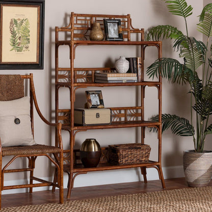 Aleya Marbled Tortoise Natural Rattan Display Shelf, 4-Tier Wicker Etagere