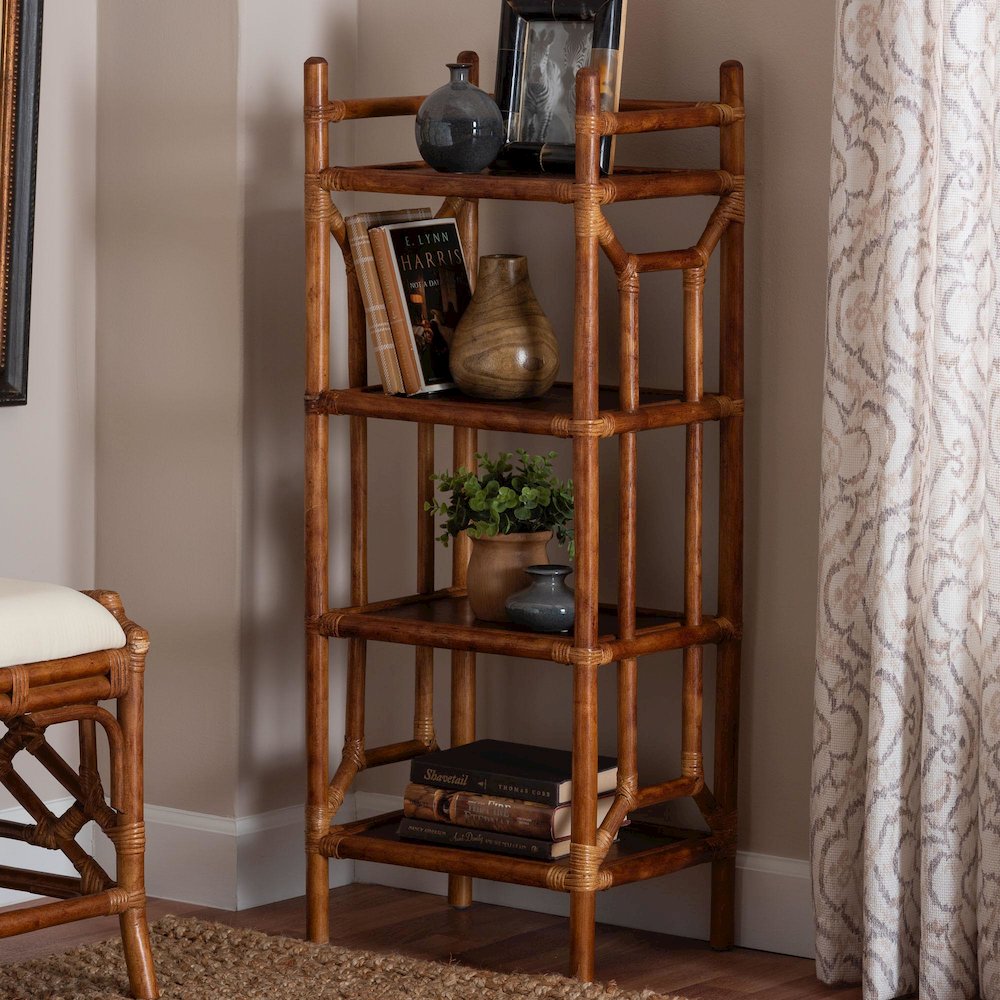Basile Marbled Tortoise Natural Rattan Display Shelf, 4-Tier Wicker Etagere
