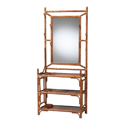 Feyre Marbled Tortoise Natural Rattan Hall Tree, Entryway Organizer with Mirror