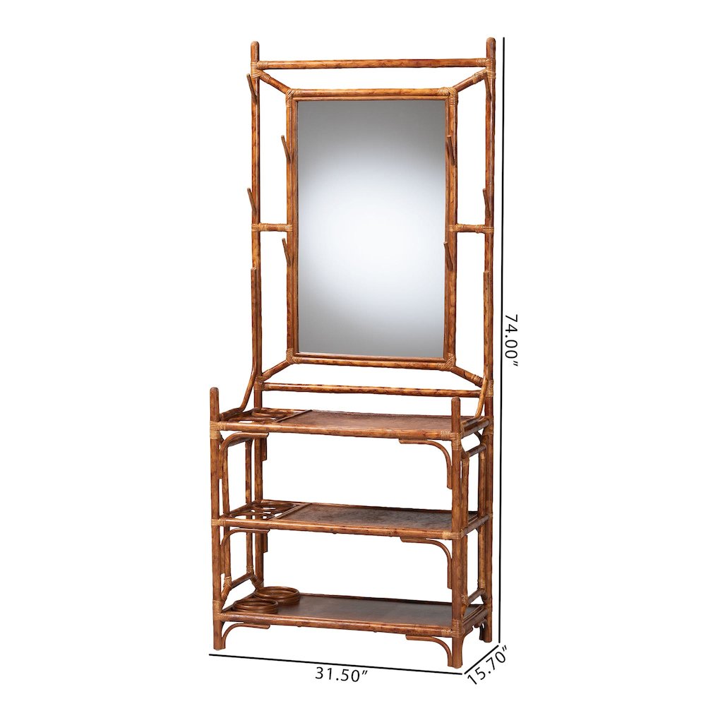 Feyre Marbled Tortoise Natural Rattan Hall Tree, Entryway Organizer with Mirror