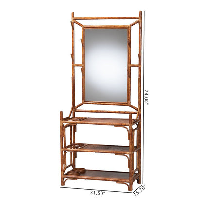 Feyre Marbled Tortoise Natural Rattan Hall Tree, Entryway Organizer with Mirror