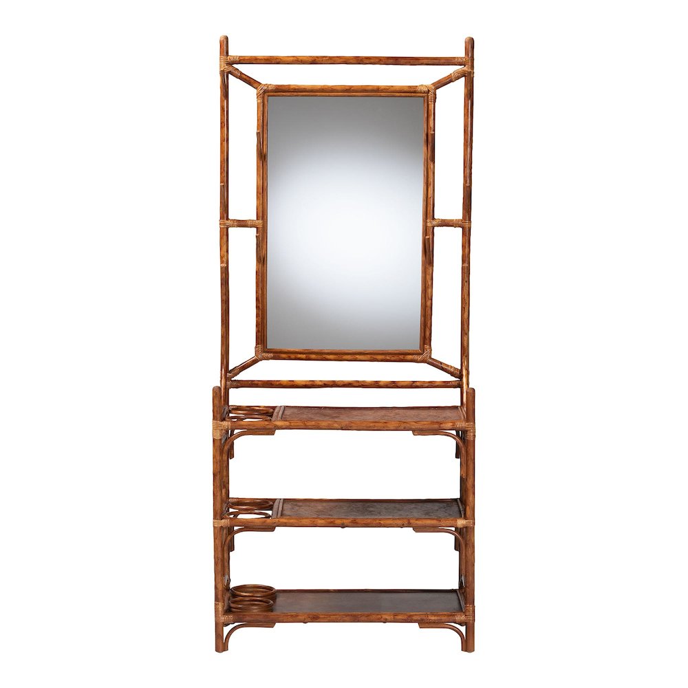 Feyre Marbled Tortoise Natural Rattan Hall Tree, Entryway Organizer with Mirror