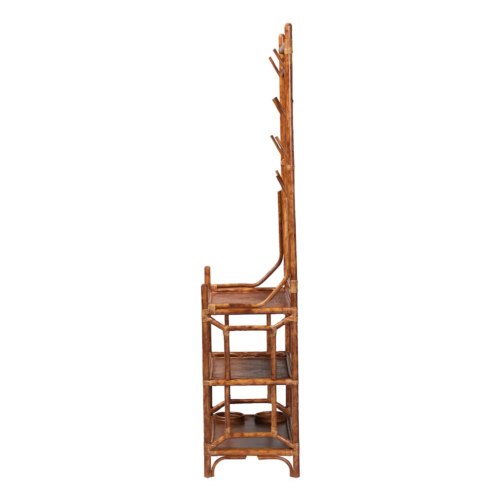 Feyre Marbled Tortoise Natural Rattan Hall Tree, Entryway Organizer with Mirror
