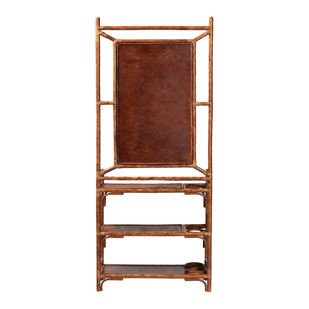 Feyre Marbled Tortoise Natural Rattan Hall Tree, Entryway Organizer with Mirror