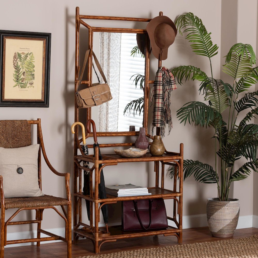 Feyre Marbled Tortoise Natural Rattan Hall Tree, Entryway Organizer with Mirror