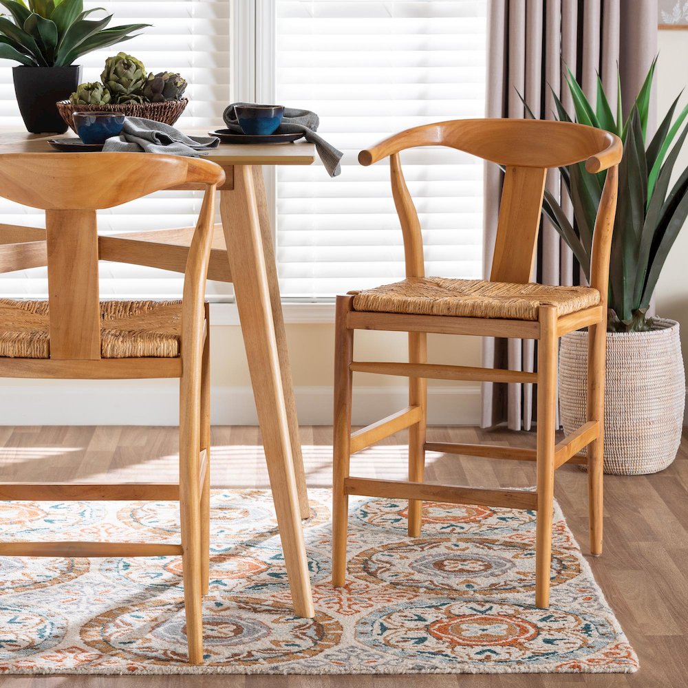 Counter Stool with Woven Seagrass Seat - Stool with Arms and Wishbone Backrest