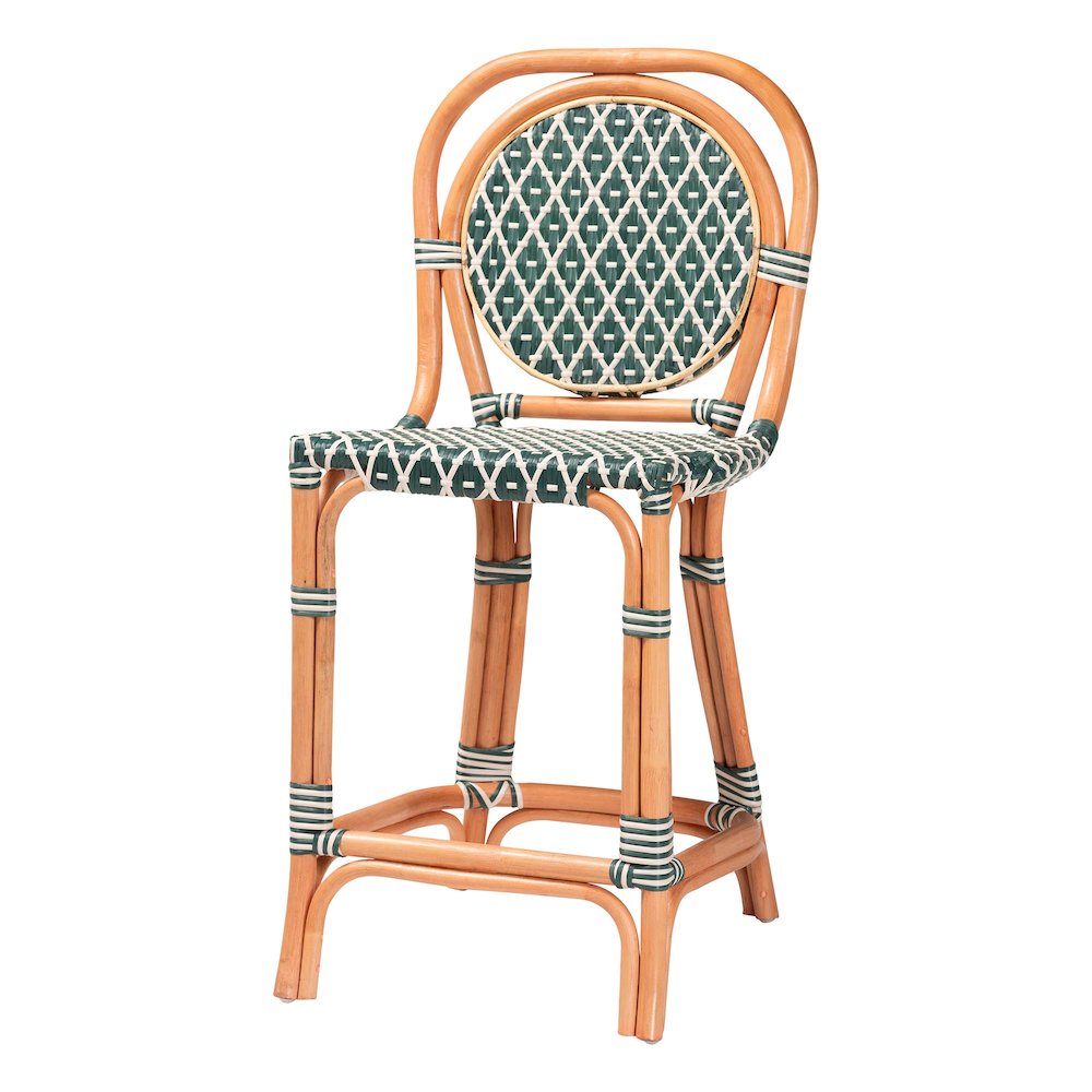 Rattan Bistro Counter Stool, Handwoven Accent Seating with Backrest, Green