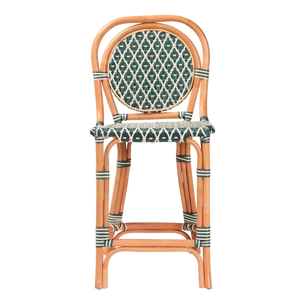 Rattan Bistro Counter Stool, Handwoven Accent Seating with Backrest, Green