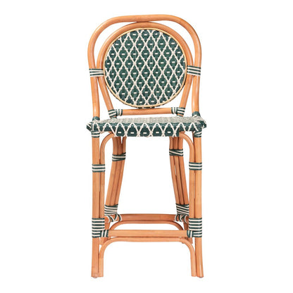 Rattan Bistro Counter Stool, Handwoven Accent Seating with Backrest, Green