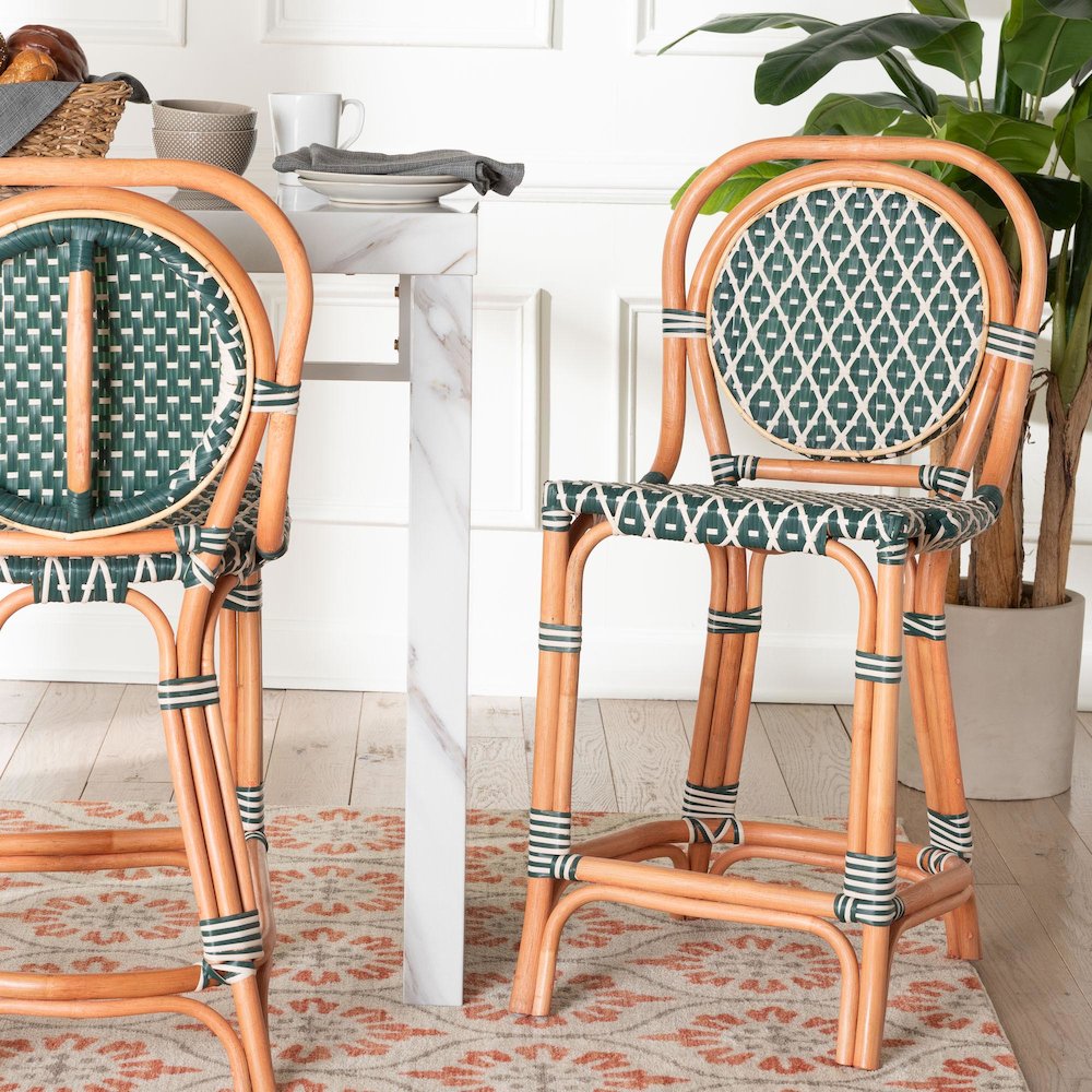 Rattan Bistro Counter Stool, Handwoven Accent Seating with Backrest, Green