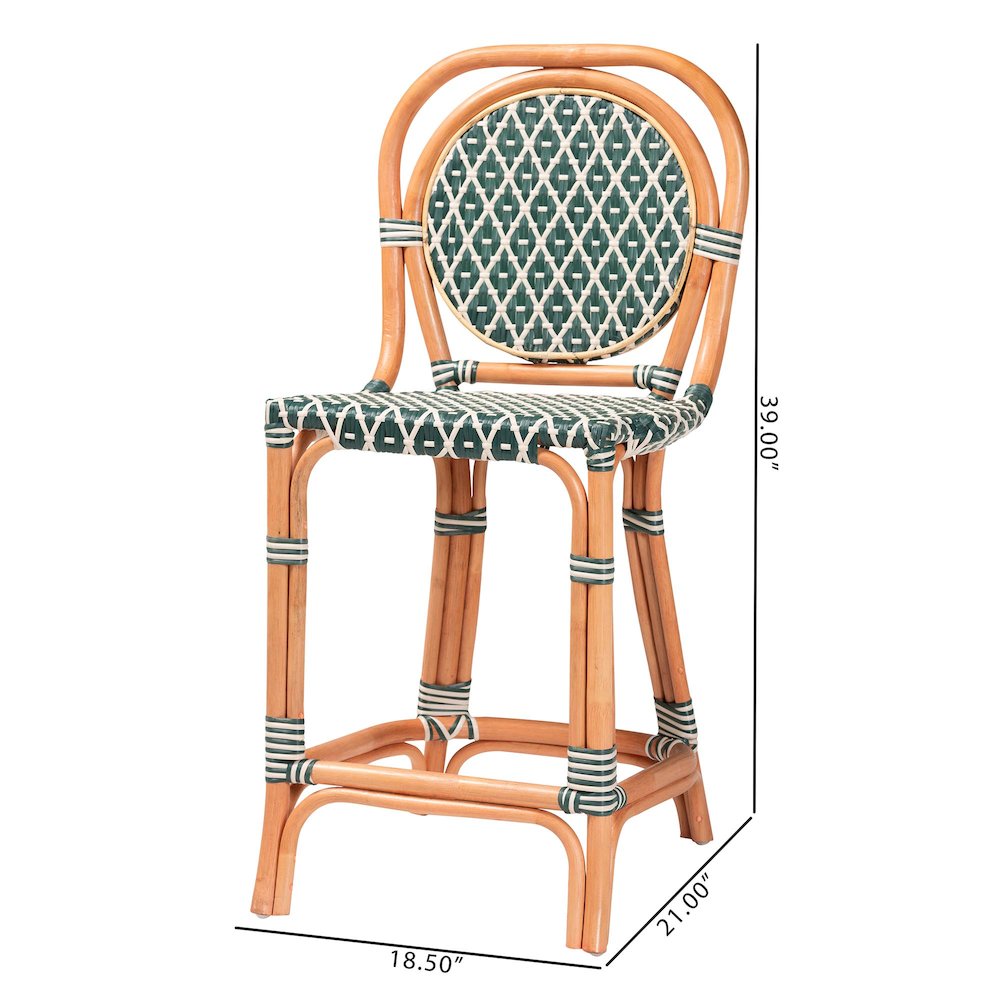 Rattan Bistro Counter Stool, Handwoven Accent Seating with Backrest, Green