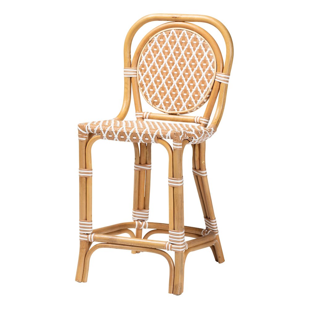Rattan Bistro Counter Stool, Handwoven Accent Seating with Backrest, Beige