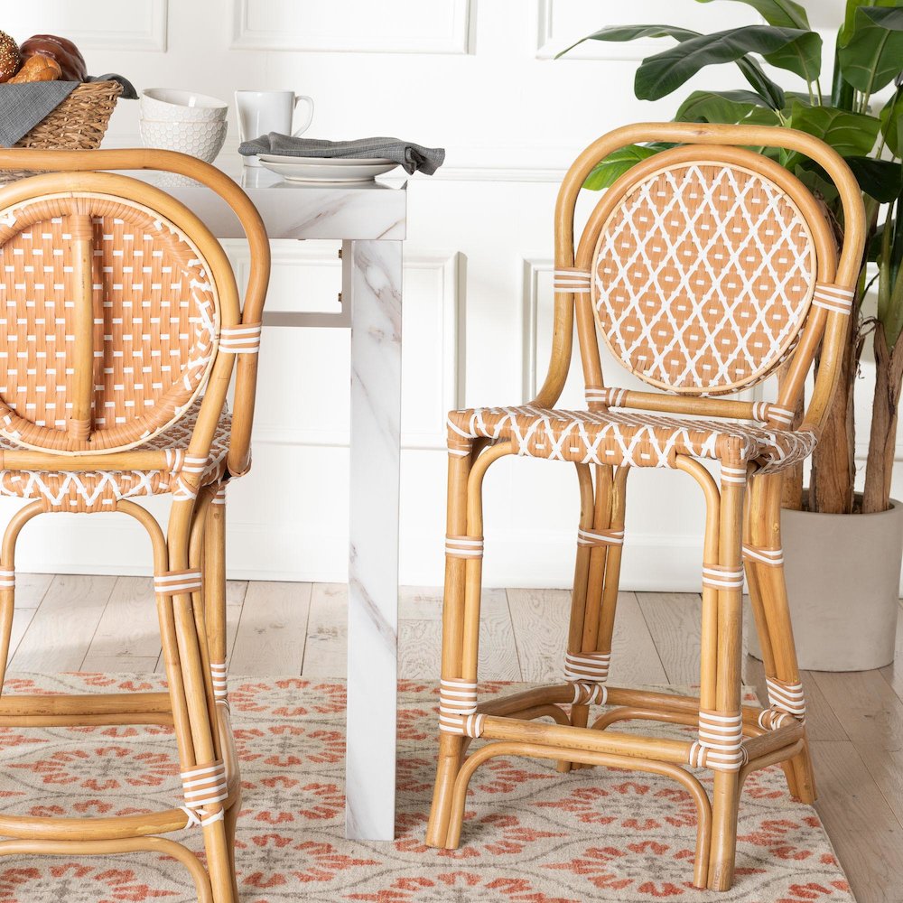 Rattan Bistro Counter Stool, Handwoven Accent Seating with Backrest, Beige